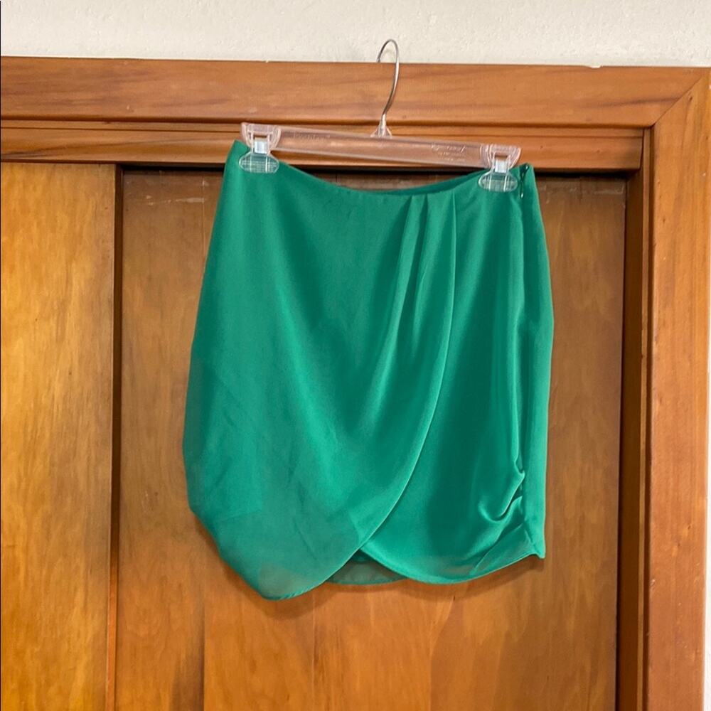 L'Academie Kelly Green Sheer Over Lined Wrap-Look Mini Skirt 16” Fairy Forest